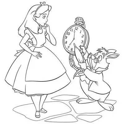 Desenho para colorir simples com Alice, em seu vestido clássico, olhando para o Coelho Branco que está ajoelhado, segurando um grande relógio de bolso com uma corrente e apontando os ponteiros.
