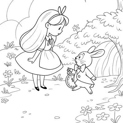 Desenho para colorir de Alice, com o rosto inclinado e curioso, olhando para o Coelho Branco que está em pé, vestindo um colete e segurando um relógio redondo grande. O cenário é uma clareira arborizada com flores.