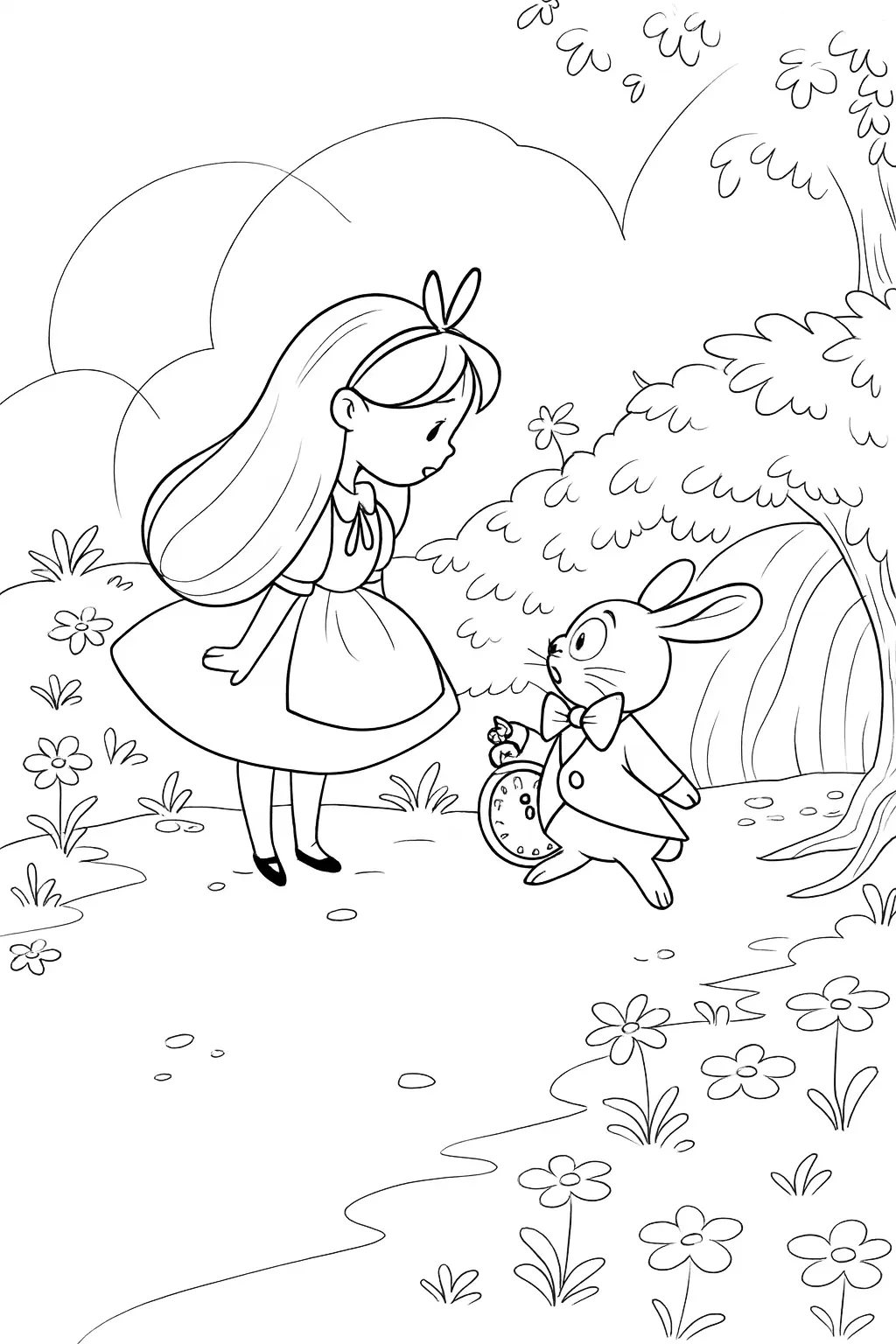 Desenho para colorir de Alice, com o rosto inclinado e curioso, olhando para o Coelho Branco que está em pé, vestindo um colete e segurando um relógio redondo grande. O cenário é uma clareira arborizada com flores.