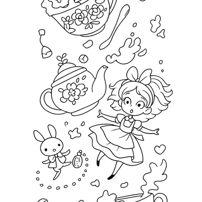 Desenho para colorir no estilo chibi-cartoon da personagem Alice flutuando (ou caindo) no meio de uma xícara, um bule, um coelho pequeno, cartas de baralho de coração e cubos de açúcar.