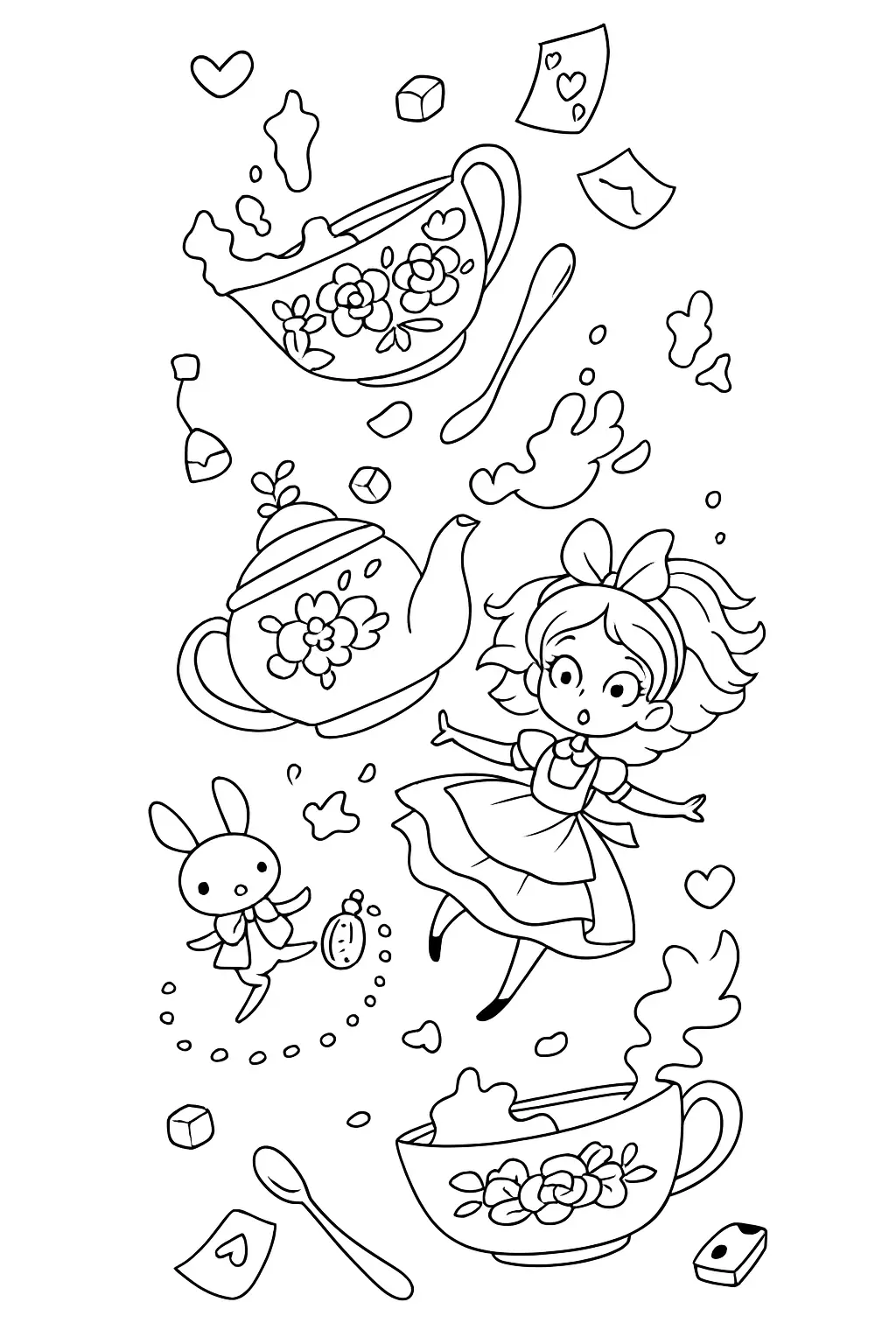 Desenho para colorir no estilo chibi-cartoon da personagem Alice flutuando (ou caindo) no meio de uma xícara, um bule, um coelho pequeno, cartas de baralho de coração e cubos de açúcar.