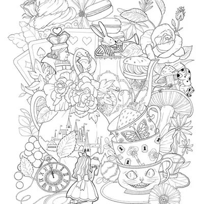 Desenho para colorir complexo com Alice, o Castelo, um relógio de bolso, cartas de baralho, muitas flores e rosas, e uma xícara de chá decorada com uma borboleta e o rosto do Gato de Cheshire.