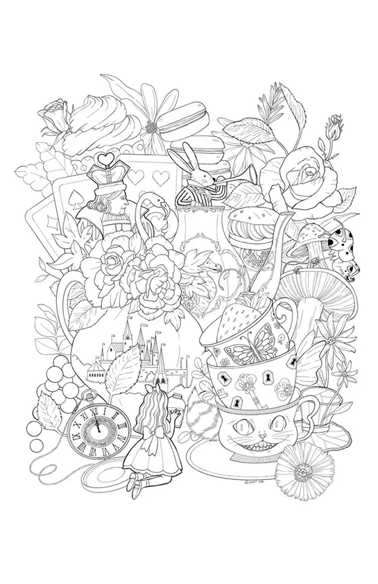 Desenho para colorir complexo com Alice, o Castelo, um relógio de bolso, cartas de baralho, muitas flores e rosas, e uma xícara de chá decorada com uma borboleta e o rosto do Gato de Cheshire.