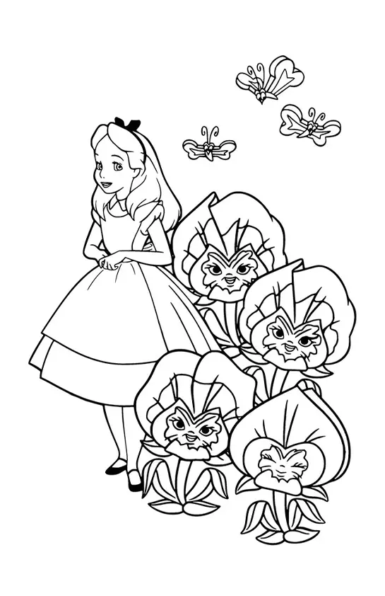 Desenho para colorir de Alice, com um sorriso, parada ao lado de um grupo de quatro flores grandes com rostos humanos (Flores Falantes). Três borboletas voam acima delas.