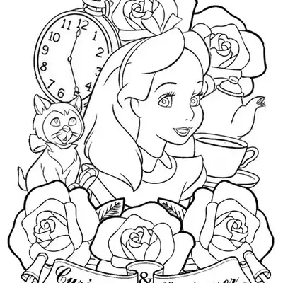 Desenho para colorir no formato de emblema com Alice, o gatinho de estimação (Dinah), rosas, um relógio de bolso e uma faixa com os dizeres 