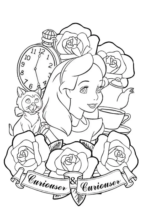 Desenho para colorir no formato de emblema com Alice, o gatinho de estimação (Dinah), rosas, um relógio de bolso e uma faixa com os dizeres "Curiouser & Curiouser".