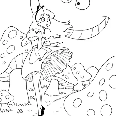 Desenho da Alice no País das Maravilhas em um campo de cogumelos manchados, observando o longo e enigmático sorriso flutuante do Gato Cheshire no céu (ou lua crescente) e seus olhos.