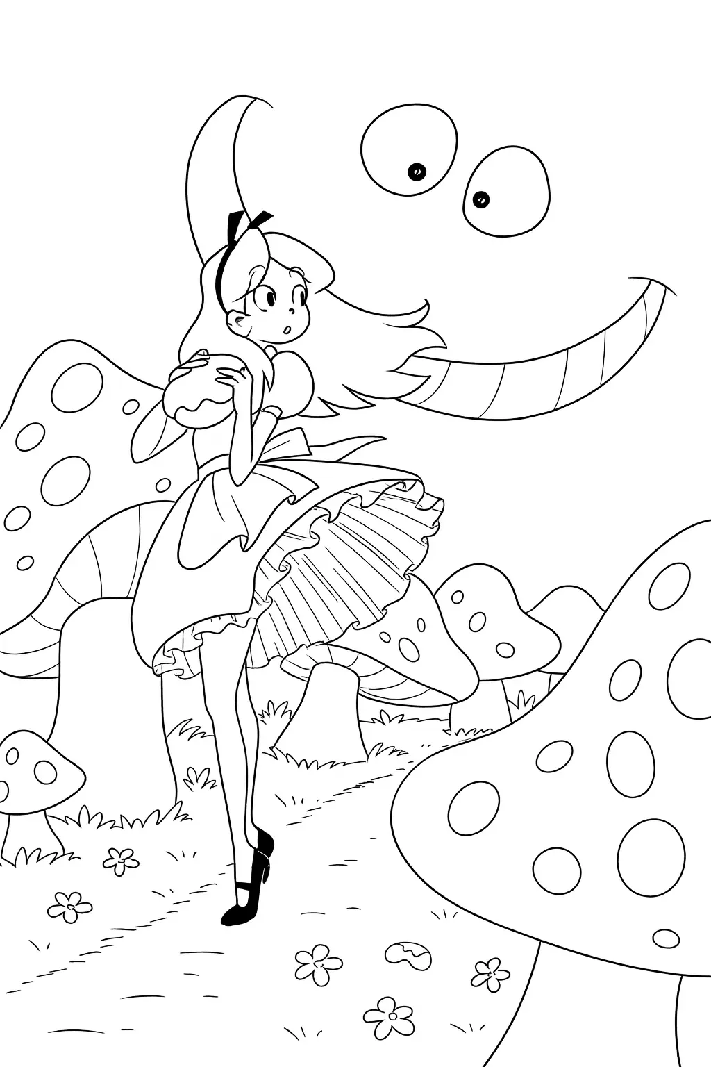 Desenho da Alice no País das Maravilhas em um campo de cogumelos manchados, observando o longo e enigmático sorriso flutuante do Gato Cheshire no céu (ou lua crescente) e seus olhos.