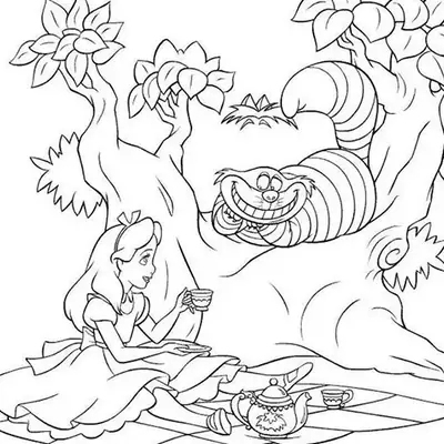 Desenho para colorir de Alice no País das Maravilhas, sentada em uma toalha de piquenique com um bule de chá e xícaras. O Gato Risonho de listras grossas está sorrindo em cima de um galho de árvore.