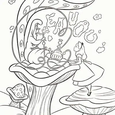 Desenho para colorir de Alice, em miniatura, em cima de um pequeno cogumelo, olhando para a Lagarta grande. A Lagarta está sentada em um grande cogumelo, fumando narguilé, e a fumaça forma palavras curvas no ar.