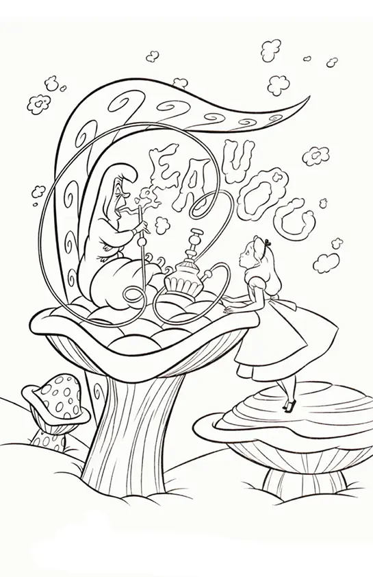 Desenho para colorir de Alice, em miniatura, em cima de um pequeno cogumelo, olhando para a Lagarta grande. A Lagarta está sentada em um grande cogumelo, fumando narguilé, e a fumaça forma palavras curvas no ar.
