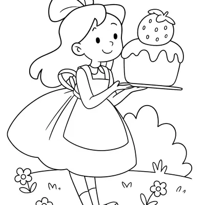 Desenho em traços grossos, estilo cartoon, da personagem Alice em um jardim simples, usando seu vestido e avental, segurando uma bandeja com um cupcake grande com cobertura e um morango no topo.