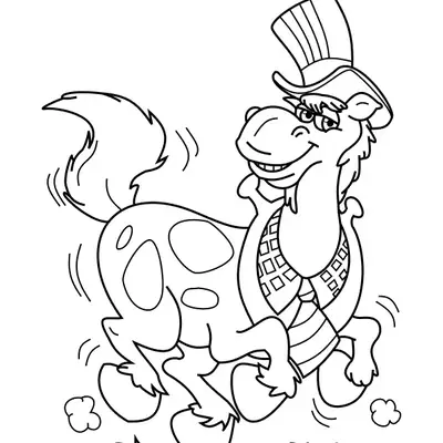 Desenho de contorno do cavalo Alípio do Cocoricó saltitando, usando uma cartola alta na cabeça e um colete com estampa de quadradinhos.