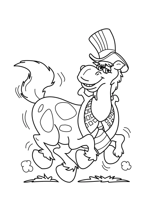 Desenho de contorno do cavalo Alípio do Cocoricó saltitando, usando uma cartola alta na cabeça e um colete com estampa de quadradinhos.