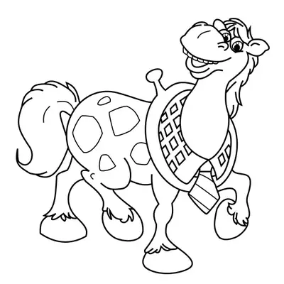 Desenho de contorno do cavalo Alípio do Cocoricó de pé, sorrindo, com manchas no corpo e usando um colete e gravata.