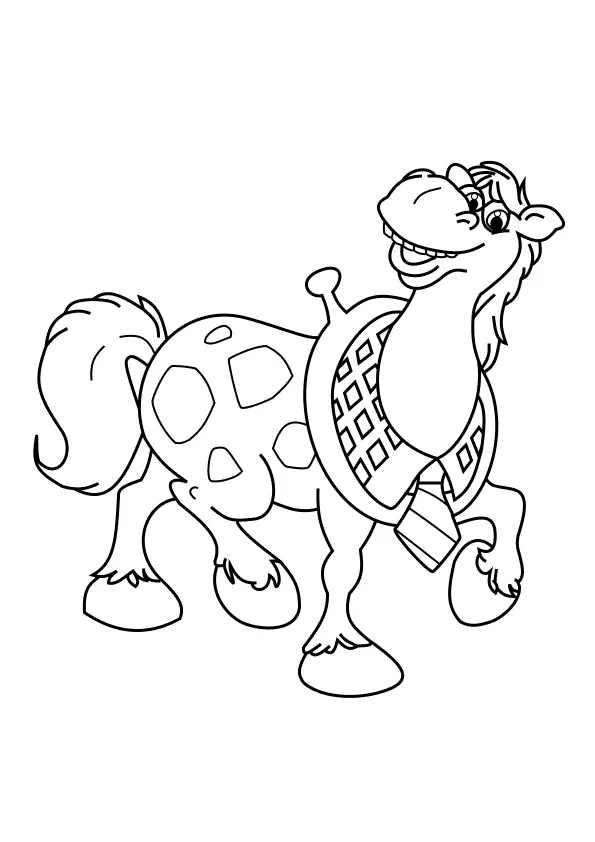 Desenho de contorno do cavalo Alípio do Cocoricó de pé, sorrindo, com manchas no corpo e usando um colete e gravata.