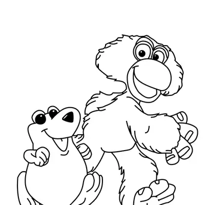 Desenho de contorno do cavalo Alípio sorrindo ao lado do pequeno pato Toquinho, ambos caminhando.