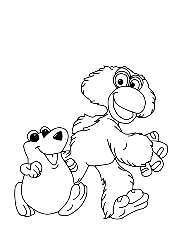Desenho de contorno do cavalo Alípio sorrindo ao lado do pequeno pato Toquinho, ambos caminhando.