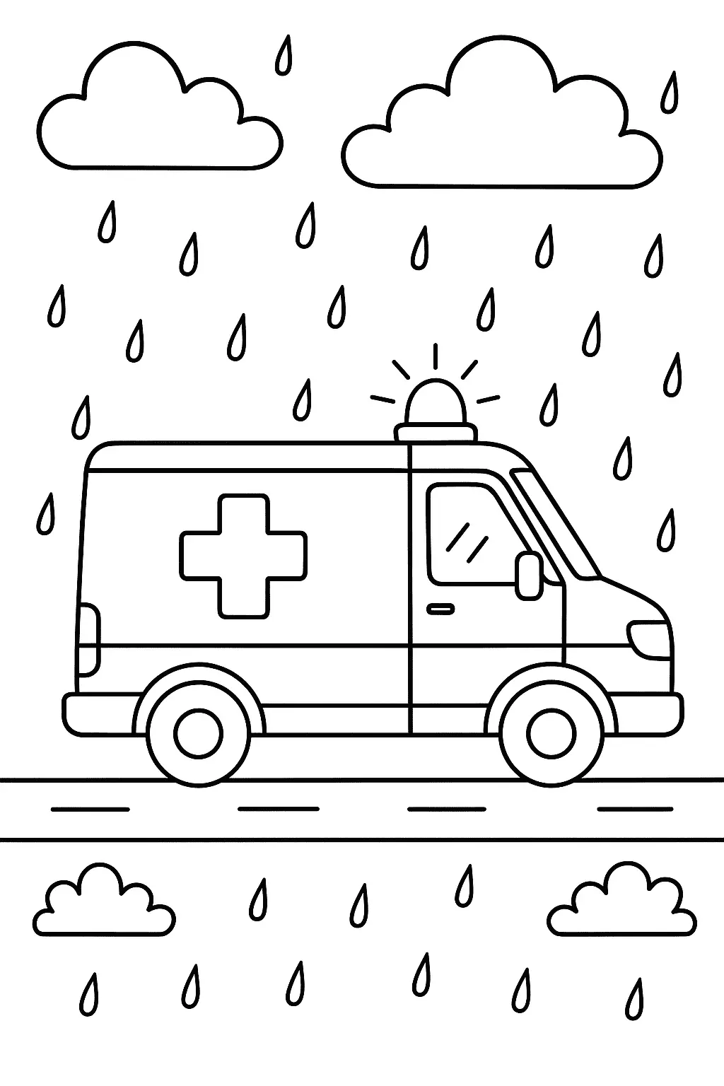 Desenho de contorno lateral de uma ambulância (com cruz de resgate) com a luz de emergência acesa, dirigindo em uma estrada. Gotas de chuva e nuvens indicam que o veículo está em missão sob mau tempo.