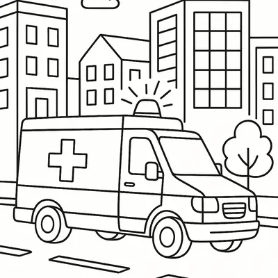 Desenho de contorno de uma ambulância moderna em ângulo frontal. O veículo, com o símbolo da cruz de resgate e a luz de emergência acesa, está em uma rua asfaltada. O fundo é preenchido por vários edifícios altos (prédios) e nuvens no céu.