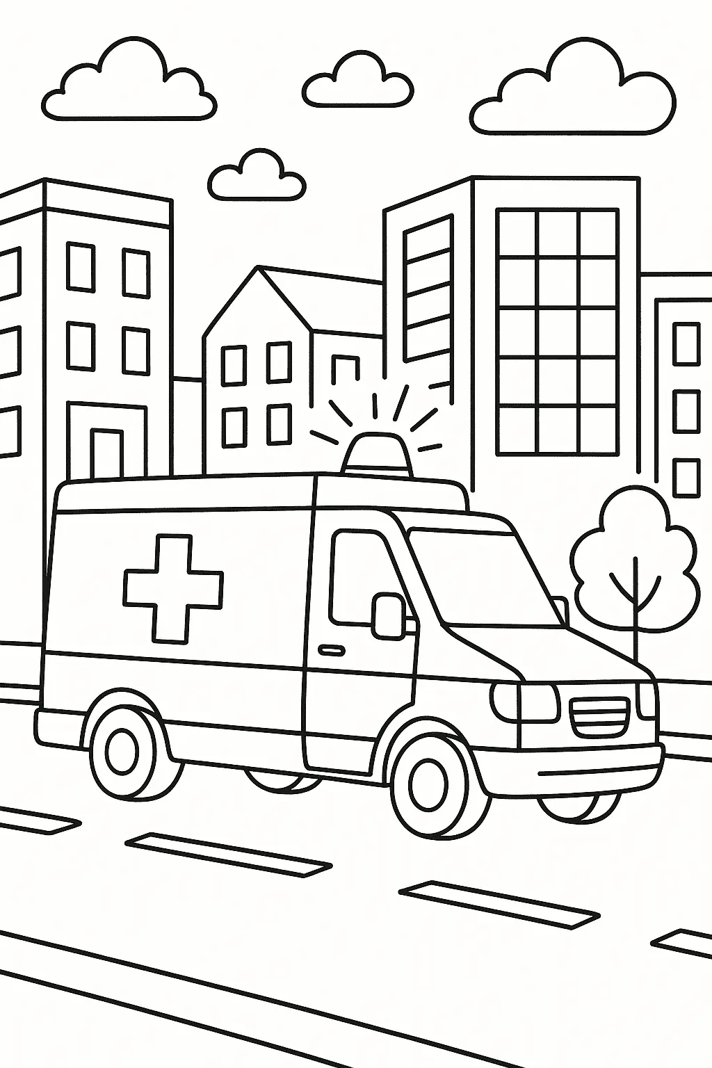 Desenho de contorno de uma ambulância moderna em ângulo frontal. O veículo, com o símbolo da cruz de resgate e a luz de emergência acesa, está em uma rua asfaltada. O fundo é preenchido por vários edifícios altos (prédios) e nuvens no céu.