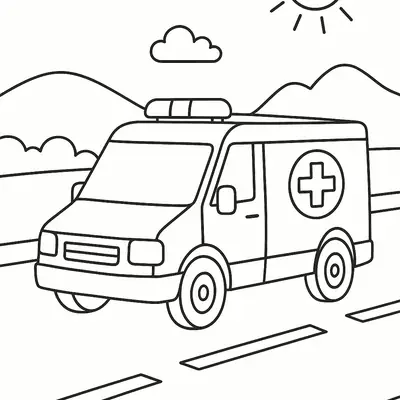 Desenho de contorno de uma ambulância moderna em ângulo frontal. O veículo, com o símbolo da cruz de resgate, está em uma estrada reta. O cenário inclui um sol radiante, nuvens e montanhas no horizonte.