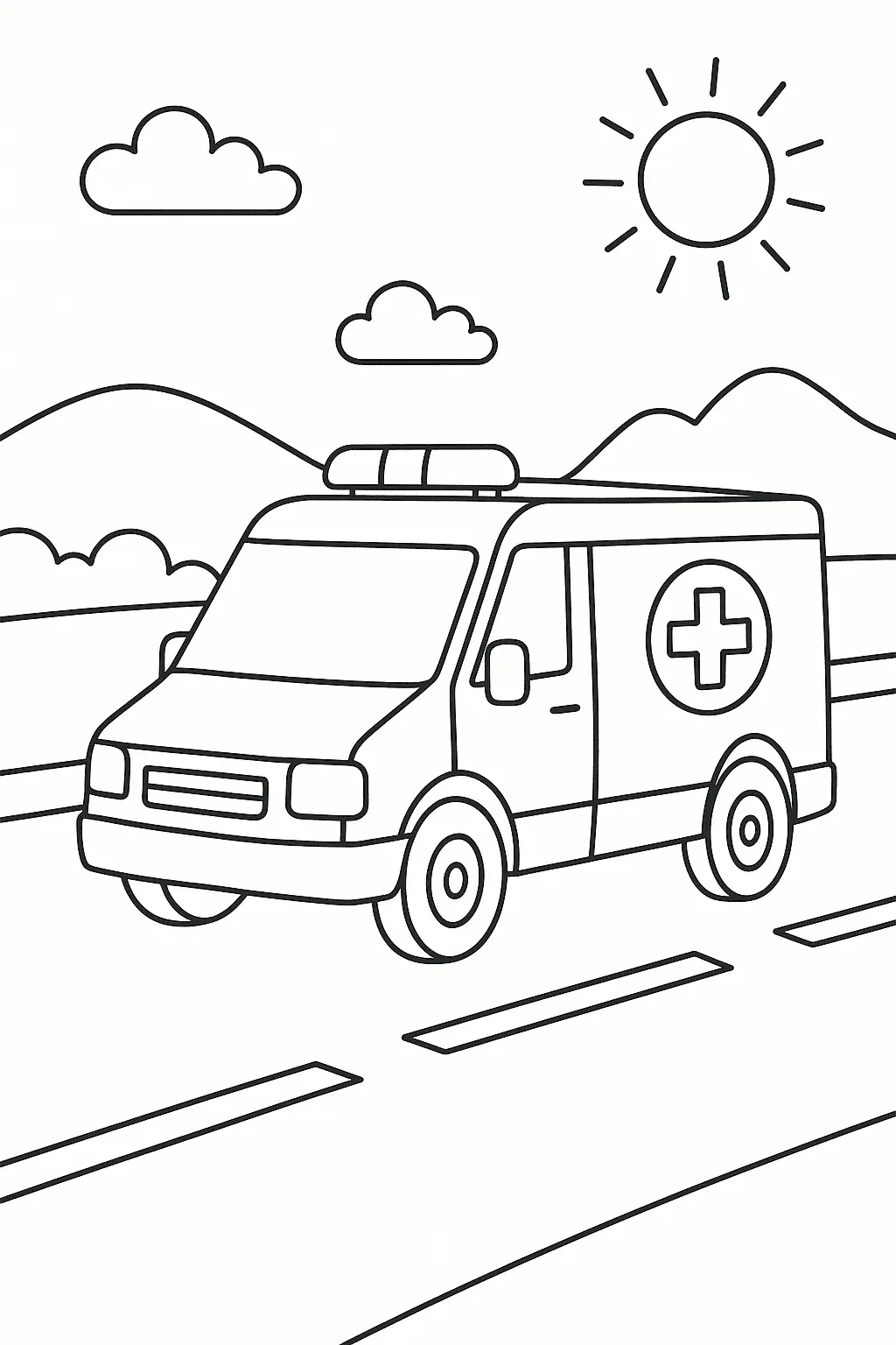 Desenho de contorno de uma ambulância moderna em ângulo frontal. O veículo, com o símbolo da cruz de resgate, está em uma estrada reta. O cenário inclui um sol radiante, nuvens e montanhas no horizonte.