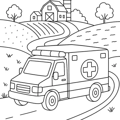 Desenho de contorno de uma ambulância em movimento, vista em ângulo frontal. O veículo tem luzes de emergência e o símbolo de cruz na lateral. O cenário é uma estrada sinuosa que passa por colinas de plantações. Ao fundo, aparece um celeiro tradicional e um silo.