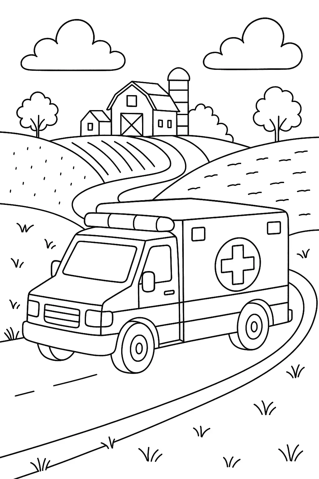 Desenho de contorno de uma ambulância em movimento, vista em ângulo frontal. O veículo tem luzes de emergência e o símbolo de cruz na lateral. O cenário é uma estrada sinuosa que passa por colinas de plantações. Ao fundo, aparece um celeiro tradicional e um silo.