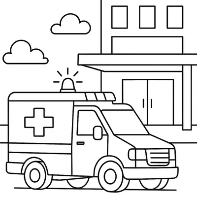 Desenho de contorno de uma ambulância moderna (com o símbolo da cruz e luz de emergência acesa) estacionada em frente a um edifício simples de dois andares com grandes portas, representando um hospital ou pronto-socorro. Há nuvens no céu.