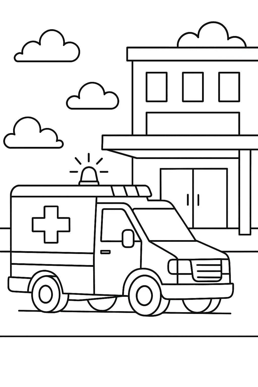 Desenho de contorno de uma ambulância moderna (com o símbolo da cruz e luz de emergência acesa) estacionada em frente a um edifício simples de dois andares com grandes portas, representando um hospital ou pronto-socorro. Há nuvens no céu.