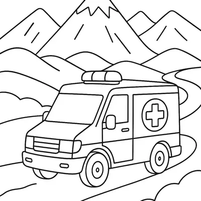 Desenho de contorno de uma ambulância moderna em movimento, vista em ângulo frontal. O veículo tem luzes de emergência no teto e o símbolo de cruz na lateral. O cenário é composto por uma estrada sinuosa, colinas e montanhas com picos nevados, sob algumas nuvens.
