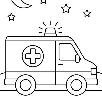 Desenho de contorno lateral de uma ambulância moderna (com o símbolo da cruz) na estrada, com a luz de emergência acesa. O cenário é noturno, com uma lua crescente e várias estrelas de cinco pontas no céu.