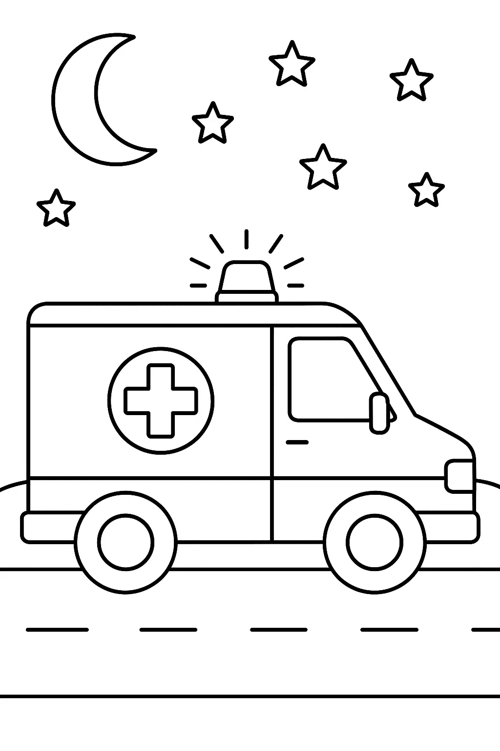 Desenho de contorno lateral de uma ambulância moderna (com o símbolo da cruz) na estrada, com a luz de emergência acesa. O cenário é noturno, com uma lua crescente e várias estrelas de cinco pontas no céu.