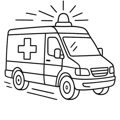 Desenho de contorno de uma ambulância (tipo van) vista em ângulo diagonal, com o símbolo da cruz e a luz de emergência piscando no teto. Linhas de movimento ao redor do veículo indicam alta velocidade.
