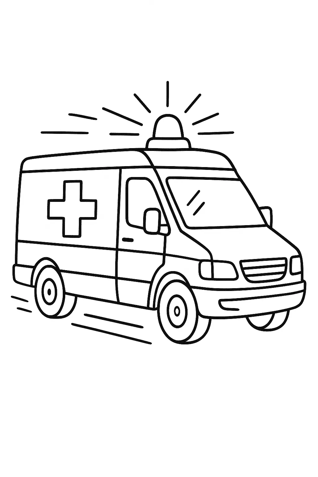 Desenho de contorno de uma ambulância (tipo van) vista em ângulo diagonal, com o símbolo da cruz e a luz de emergência piscando no teto. Linhas de movimento ao redor do veículo indicam alta velocidade.