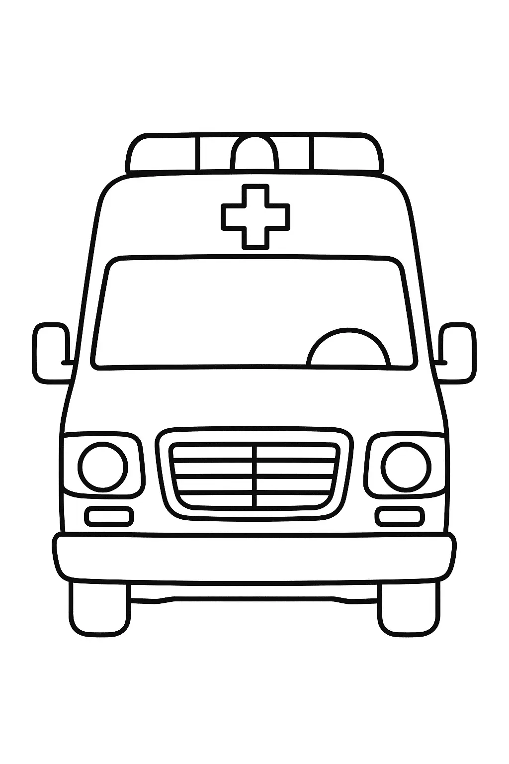 Desenho de contorno simples de uma ambulância (tipo van) vista frontalmente. O veículo possui luzes de emergência no teto e o símbolo da cruz de resgate é proeminente no para-brisa dianteiro.