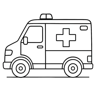 Desenho de contorno simples e lateral de uma ambulância (tipo van) em repouso. O veículo possui uma luz de emergência no teto e o símbolo de cruz de resgate na parte traseira da carroceria.