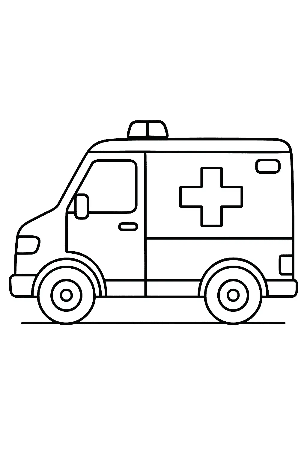 Desenho de contorno simples e lateral de uma ambulância (tipo van) em repouso. O veículo possui uma luz de emergência no teto e o símbolo de cruz de resgate na parte traseira da carroceria.
