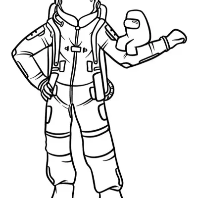 Desenho de contorno de um astronauta em traje espacial completo e detalhado (com capacete, viseira e mochila). O astronauta, em pé e em pose confiante, segura um pequeno personagem Crewmate de Among Us na mão ou braço.