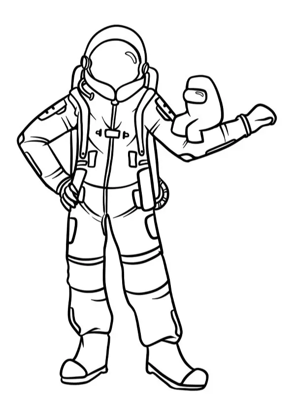 Desenho de contorno de um astronauta em traje espacial completo e detalhado (com capacete, viseira e mochila). O astronauta, em pé e em pose confiante, segura um pequeno personagem Crewmate de Among Us na mão ou braço.