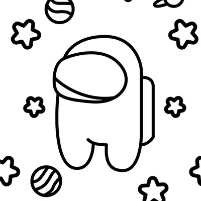 Desenho de contorno simples de um Crewmate (personagem Among Us) de corpo inteiro no centro. O fundo está repleto de estrelas de contorno simples, um planeta com anel (Saturno) e outro planeta listrado (Júpiter).