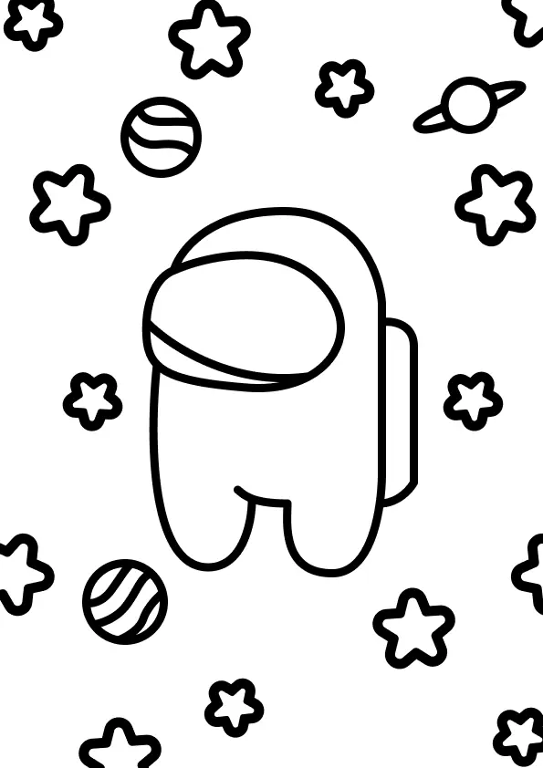 Desenho de contorno simples de um Crewmate (personagem Among Us) de corpo inteiro no centro. O fundo está repleto de estrelas de contorno simples, um planeta com anel (Saturno) e outro planeta listrado (Júpiter).