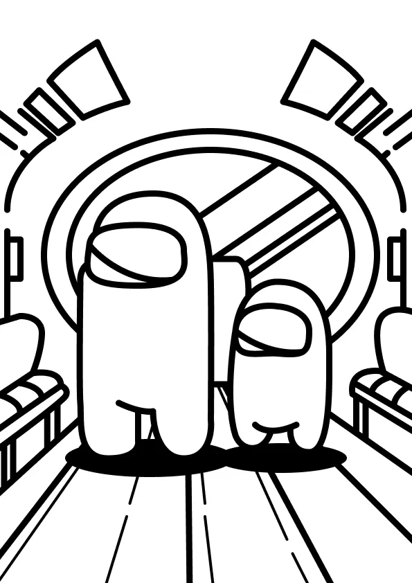 Desenho de contorno de dois personagens de Among Us de tamanhos diferentes, um grande e um pequeno (mini), em pé no corredor de uma nave espacial. O fundo mostra uma grande janela redonda (vigia) e bancos ou consoles laterais.