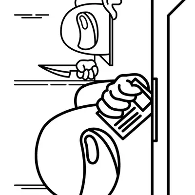 Desenho de contorno em preto e branco de dois personagens de Among Us. Um Crewmate (em primeiro plano) está distraído segurando uma correspondência. O Impostor (em segundo plano), espreita de uma abertura, segurando uma faca afiada na mão, prestes a atacar.