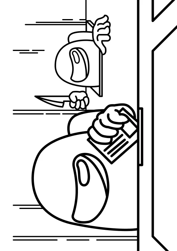 Desenho de contorno em preto e branco de dois personagens de Among Us. Um Crewmate (em primeiro plano) está distraído segurando uma correspondência. O Impostor (em segundo plano), espreita de uma abertura, segurando uma faca afiada na mão, prestes a atacar.