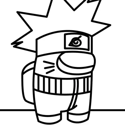 Desenho de contorno de um Crewmate (personagem Among Us) vestido como Naruto Uzumaki. O Crewmate tem um cabelo espetado, uma bandana ninja com o símbolo da Folha na testa, e as marcas de bigode de raposa no visor.