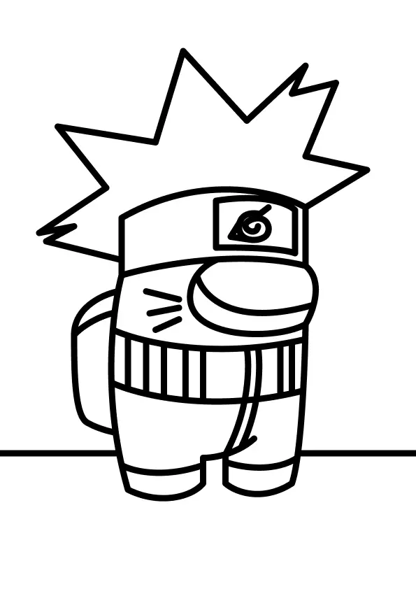 Desenho de contorno de um Crewmate (personagem Among Us) vestido como Naruto Uzumaki. O Crewmate tem um cabelo espetado, uma bandana ninja com o símbolo da Folha na testa, e as marcas de bigode de raposa no visor.