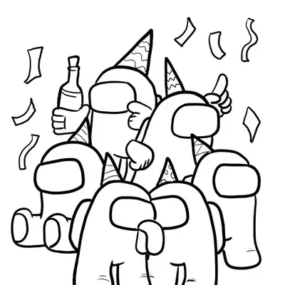 Desenho de contorno de cinco personagens de Among Us (Crewmates) em uma celebração. Eles usam chapéus de festa pontudos e estão cercados por confetes e serpentinas caindo. Um personagem central levanta a mão e outro segura uma garrafa na mão.