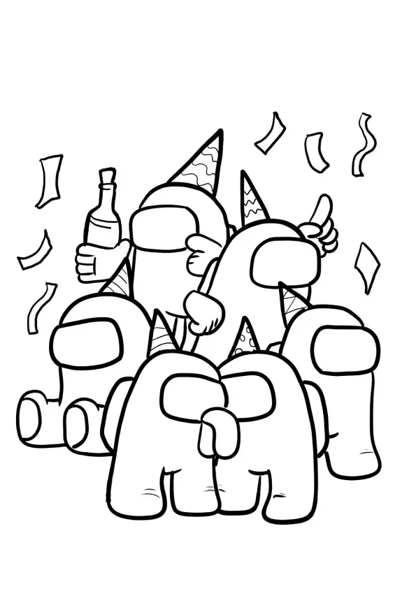 Desenho de contorno de cinco personagens de Among Us (Crewmates) em uma celebração. Eles usam chapéus de festa pontudos e estão cercados por confetes e serpentinas caindo. Um personagem central levanta a mão e outro segura uma garrafa na mão.